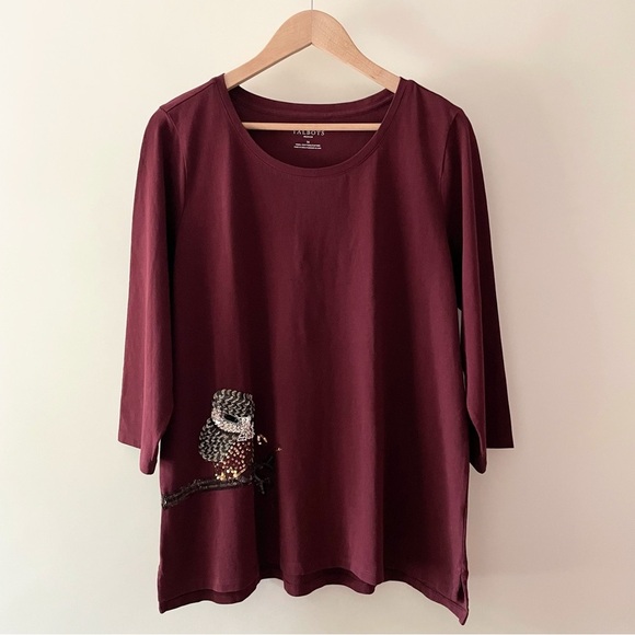 Talbots Burgundy Sequin Owl Top 100% Cotton 3/4 Length Sleeve Size 1X - Picture 1 of 10